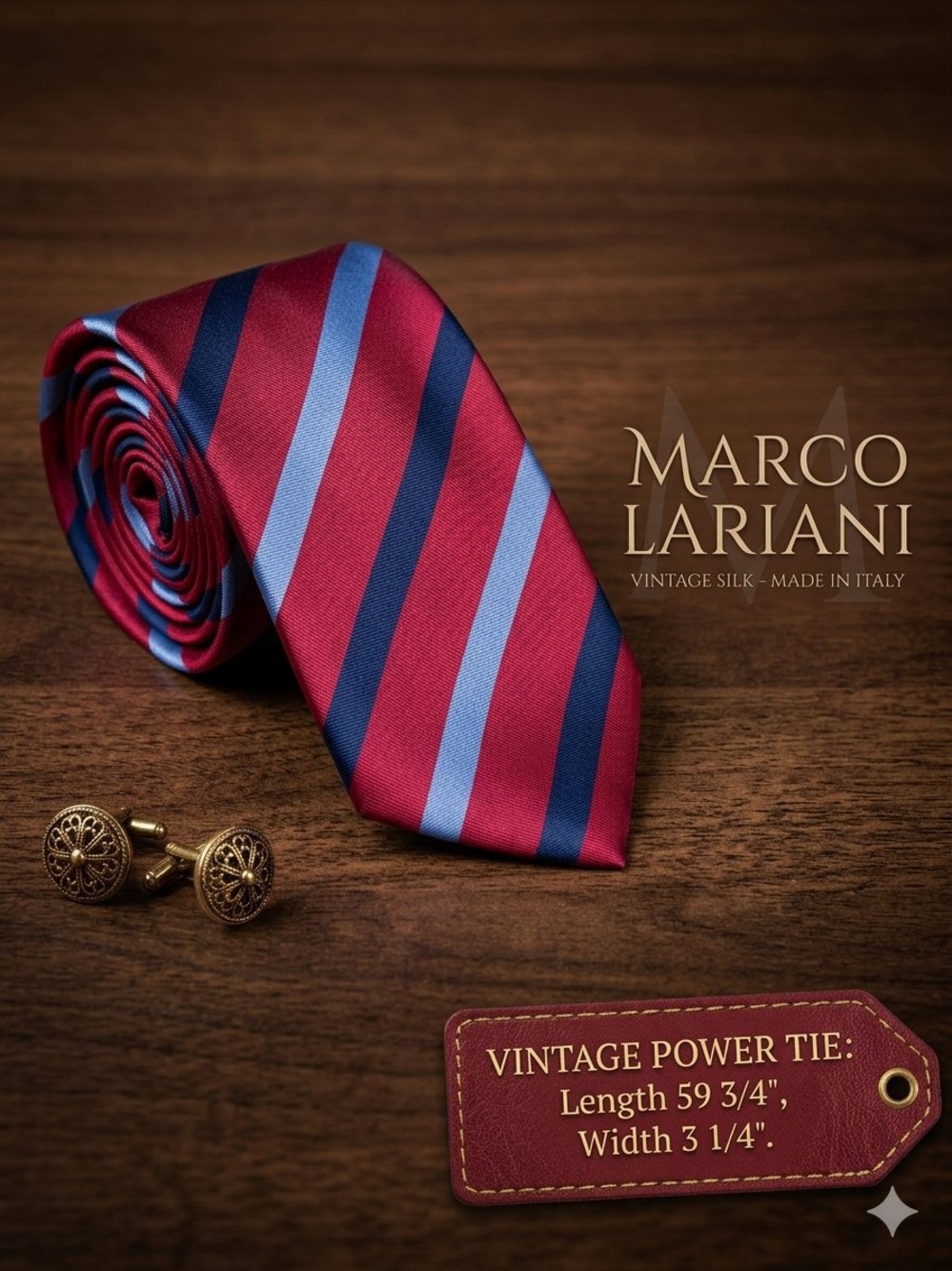 VTG Marco Lariani Silk Tie Made In Italy Crimson, Navy, & Sky Blue 
Striped